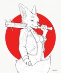 4_fingers anthro baseball_bat bat_(object) bite biting_lip breasts clothing female fingers fluffy fluffy_tail jacket leather leather_clothing leather_jacket leather_topwear partial_nudity smile smirk solo tail topwear weapon weapon_on_shoulder helregin canid canine fox mammal hi_res