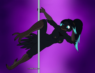 anthro black_body blue_eyes blue_hair breasts dancing feet female hair hypnosis midair mind_control nipples nude open_mouth pole pole_dancing ponytail purple_background ringed_eyes shocked simple_background solo spread_legs spreading surprised talons toes nx-42 avian bird corvid corvus_(genus) oscine passerine raven absurd_res hi_res