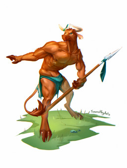 abs anthro blue_bottomwear blue_clothing blue_loincloth bottomwear brown_hooves brown_nipples bulge clothed clothing ear_piercing ear_ring fur grass green_eyes holding_melee_weapon holding_object holding_polearm holding_spear holding_weapon hooves loincloth male male_anthro melee_weapon mouth_closed muscular muscular_anthro muscular_male navel nipples notched_ear orange_body orange_fur pecs piercing plant polearm ring_piercing simple_background solo spear standing topless weapon timmothy_arts bovid bovine cattle mammal hi_res signature