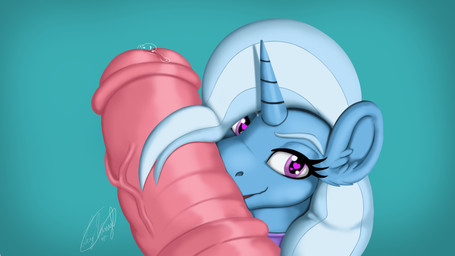 animal_genitalia animal_penis big_penis blue_body blue_fur blue_hair bodily_fluids disembodied_penis duo equine_genitalia equine_penis eyebrows eyelashes fellatio female feral fur genital_fluids genitals hair heart_eyes heart_symbol horn inner_ear_fluff kiss_on_penis kissing looking_at_viewer male male/female medial_ring offscreen_character offscreen_male oral penile penis precum purple_eyes sex simple_background smile solo_focus teal_background tuft vein veiny_penis icy_vinyl friendship_is_magic hasbro my_little_pony mythology trixie_(mlp) equid equine horse mammal mythological_creature mythological_equine pony unicorn 16:9 2021 4k absurd_res dated digital_drawing_(artwork) digital_media_(artwork) hi_res signature widescreen