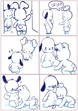 anthro backsack balls black_nose blush bodily_fluids border boxers_(clothing) butt circumcised clothed clothing comparing comparing_penis dialogue duo erection fellatio foreskin furgonomics genitals male male/male male_anthro mouthless navel nude_anthro nude_male oral partially_clothed penile penis question_mark sex sexual_exploration sitting small_penis small_penis_penetrator speech_bubble standing surprised sweat sweatdrop underwear underwear_down whiskers white_back white_border young young_anthro young_male young_on_young aogami pochacco canid canine canis domestic_dog lagomorph leporid mammal rabbit 2022 absurd_res comic hi_res line_art monochrome pictographics signature