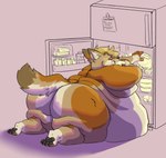 anthro appliance belly big_belly big_butt black_nose butt butter chubby_cheeks dairy_products eating eyes_closed food fridge fur hair kitchen_appliance lying male nude obese obese_anthro obese_male on_front overweight overweight_anthro overweight_male paws solo tail tan_body tan_fur vanillayote rain_(vanillayote) canid canine canis coyote mammal 2022 hi_res