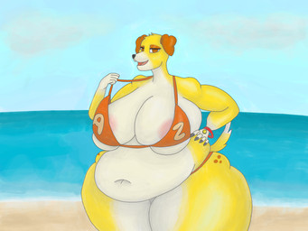 alphabet anthro areola areola_slip beach beach_background beachwear bedroom_eyes belly belly_overhang big_belly big_breasts bikini bikini_bottom bikini_top bra breasts brown_ears brown_eyes clothed clothing cloud collar collar_tag countershade_fur countershade_legs countershade_thighs countershade_torso countershading curvy_figure deep_navel dog_tags eyeliner eyeshadow female floppy_ears fur gloves_(marking) huge_belly huge_breasts huge_hips huge_thighs landscape letter lidded_eyes looking_at_viewer makeup markings multicolored_body narrowed_eyes navel open_mouth open_smile outside overweight overweight_anthro overweight_female partially_clothed pink_areola sea seaside seductive shore shoreline sky smile solo spots spotted_markings summer swimwear tail thick_thighs two-piece_swimsuit underwear voluptuous voluptuous_anthro voluptuous_female water wide_hips yellow_body yellow_fur kokopingas98 martha_speaks martha_lorraine canid canine canis domestic_dog mammal 4:3 absurd_res digital_media_(artwork) hi_res