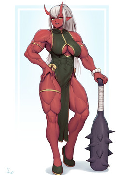 abs armlet asian_clothing bangs biceps breasts chinese_clothing chinese_dress clothed clothing club_(weapon) deltoids dress east_asian_clothing eyelashes female forearm_muscles gold_(metal) gold_jewelry grey_hair hair horn humanoid_pointy_ears jewelry long_eyelashes melee_weapon muscular muscular_female not_furry pointy_ears quads red_body red_skin solo thighlet triceps vein weapon speedl00ver asian_mythology east_asian_mythology japanese_mythology mythology demon humanoid oni yokai 2023 absurd_res hi_res