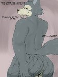 anthro big_butt bodily_fluids butt butt_grab butt_squish clothed clothing crossdressing femboy fishnet_clothing fishnet_legwear hand_on_butt legwear looking_back male solo squish sweat sweatdrop tail text thick_thighs neeno beastars legoshi_(beastars) canid canine canis mammal wolf absurd_res english_text hi_res