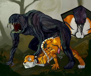 all_fours anal anal_penetration animal_genitalia animal_penis anthro anus ass_up backsack balls bodily_fluids butt clenched_teeth cum cum_from_ass cum_in_ass cum_inside cumshot duo ejaculation erection feline_genitalia feline_penis forest from_behind_position fur genital_fluids genitals leaking_precum male male/male male_penetrated male_penetrating male_penetrating_male nude open_mouth outdoor_nudity outside outside_sex penetration penile penile_penetration penile_spines penis penis_in_ass plant precum precum_string questionable_consent sex tail teeth tree rote_haare capcom resident_evil felid mammal monster pantherine tiger digital_media_(artwork) hi_res