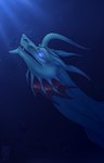 ambiguous_gender beady_eyes blue_body blue_eyes bubble cheek_frill fangs feral logo long_neck open_mouth red_frill simple_background solo teeth underwater water riorix species_request 2020 artist_logo dated hi_res