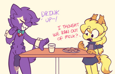 after_orgasm ambiguous_gender anthro arm_tuft balls blonde_hair blue_bottomwear blue_clothing blue_skirt blue_topwear bodily_fluids bottomwear bow_tie clenched_teeth clothing cookie cookies_and_milk crotch_tuft cuffs_(clothing) cum cum_drip cum_in_container dialogue dipstick_tail dripping duo ear_tuft elbow_tuft eye_through_hair eyebrow_through_hair eyebrows facial_tuft food fur furniture genital_fluids genitals glass hair humor leg_tuft male markings milk narrowed_eyes orange_body orange_fur orange_hair penis ponytail purple_balls purple_body purple_hair purple_penis scrunchie simple_background skirt standing table tail tail_markings teeth topwear translucent translucent_hair tuft white_background yellow_body yellow_fur kurus felid feline furred_scalie mammal scalie 2022 absurd_res hi_res