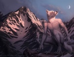 2012 4_toes 5_fingers anthro biped canid canine canis casual_nudity claws cloud crescent_moon crouching desolate detailed detailed_background feet fingers fur looking_aside male mammal moon mountain myenia night nude orange_eyes outside signature sky snow solo sunrise toes whiskers white_body white_fur wolf