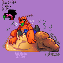 ambiguous_gender anthro big_diaper bodily_fluids clothed clothing diaper diaper_fetish excessive_feces feces gag genital_fluids huge_diaper hyper hyper_diaper hyper_feces hyper_watersports looking_pleasured looking_up onomatopoeia pacifier pacifier_gag solo sound_effects sweating_profusely text unclean_diaper urine used_diaper watersports wearing_diaper kais_studios kai_the_tyranowolf dinosaur prehistoric_species reptile scalie 1:1 2026 absurd_res hi_res