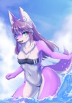 anthro breasts clothed clothing female female_anthro fur hair kemono one-piece_swimsuit smile solo swimwear translucent translucent_clothing translucent_swimwear treyer gris_swimsuit meme_clothing canid canine canis fox mammal absurd_res hi_res meme