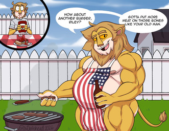 age_difference alcohol american_flag american_flag_clothing anthro anthro_on_anthro apron apron_only areola barazoku barbecue barely_visible_genitalia beer belly beverage biceps big_belly big_bulge big_muscles blood blush bodily_fluids bottle bracelet building bulge burger claws clothed clothing cloud container cooking cutaway day deltoids detailed_bulge dialogue duo ear_piercing ear_ring eyebrow_through_hair eyebrows fence flustered food frown fur furniture genitals grass grill grilling hair holding_object holidays house huge_belly huge_muscles jewelry ketchup ketchup_bottle looking_at_another male male/male mane mature_anthro mature_male meat musclegut muscular muscular_anthro muscular_male narrowed_eyes nipples nosebleed open_mouth open_smile outside overweight overweight_anthro overweight_male pecs piercing plant plate pubes quads ring_piercing shirt sitting size_difference sky smile spatula standing table talking_to_another teeth text thick_arms thick_thighs tongue tools topwear translucent translucent_hair tuft united_states_of_america doritohead 4th_of_july brent_abbott riley_abbott felid lion mammal pantherine 2026 english_text hi_res signature father_(lore) father_and_child_(lore) father_and_son_(lore) incest_(lore) incestuous_temptation_(lore) parent_(lore) parent_and_child_(lore) parent_and_son_(lore) son_(lore)