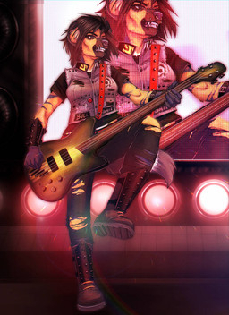 alternative_fashion anthro bass_guitar boots clothed clothing female footwear fully_clothed guitar musical_instrument plucked_string_instrument punk shoes solo string_instrument redvblack acacia_(redscotfox) african_wild_dog canid canine hybrid hyena mammal striped_hyena 2022 nonbinary_(lore)