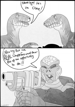 ambiguous_gender claws dialogue duo gun holding_gun holding_object holding_ranged_weapon holding_weapon humor machine open_mouth range_weapon ranged_weapon standing teeth text tongue weapon airachnophobia_(artist) saberhorn xenospike hasbro takara_tomy transformers transformers:_beast_wars dinobot dinobot_(character) rattrap cybertronian dinosaur dromaeosaurid humanoid living_machine mammal maximal prehistoric_species reptile robot rodent scalie theropod velociraptor 2016 comic digital_media_(artwork) english_text hi_res monochrome