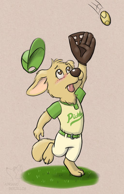 3_toes 4_fingers anthro ball belt blush bottomwear brown_eyes brown_nose clothing feet female fingers fluffy fluffy_tail freckles fur gloves grass handwear hat headgear headwear male neck_tuft pants plant shirt softball solo sport sportswear t-shirt tail toes tongue tongue_out topwear tuft uniform yellow_body yellow_fur young young_anthro young_male adriano_berjillos disney pixar win_or_lose laurie_(win_or_lose) bird_dog canid canine canis domestic_dog golden_retriever hunting_dog mammal retriever hi_res