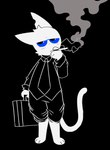 anthro black_background blue_eyes bottomwear briefcase cigarette clothed clothing eyewear frazzled_whiskers fur glasses hole_in_ear looking_at_viewer male necktie shirt simple_background smoke smoking solo tail tired tired_eyes topwear wearing_glasses whiskers white_body nylonheretic oscar_(nylonheretic) domestic_cat felid feline felis mammal hi_res