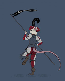 anthro armor banner beady_eyes beret clothing digitigrade fur furgonomics hat hat_feather headgear headwear holding_banner loose_feather male medieval medieval_armor medieval_clothing mouse_tail rear_view simple_background solo standing white_body white_fur garbagegarage mammal mouse murid murine rodent hi_res