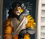 anthro black_hair black_stripes blue_nose dialogue hair half-closed_eyes male muscular muscular_anthro muscular_male narrowed_eyes pecs red_eyes solo stripes yellow_body karrnade avarice_panthera_leo felid hybrid liger mammal pantherine