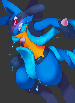 3_fingers anthro bared_teeth black_body black_fur black_inner_ear blue_body blue_ears blue_fur blue_tentacles blush blush_lines bound bulge_grab cheek_tuft clenched_teeth crotch_grab facial_markings facial_tuft fingers fur glistening glistening_body gloves_(marking) grey_background grope head_markings looking_at_viewer male markings mask_(marking) red_eyes simple_background solo spikes spikes_(anatomy) teeth tentacles tentacles_around_neck tentacles_around_tail tuft wet wet_body yellow_body yellow_fur jinnosound nintendo pokemon canid canine canis generation_4_pokemon lucario mammal pokemon_(species) tentacle_creature hi_res
