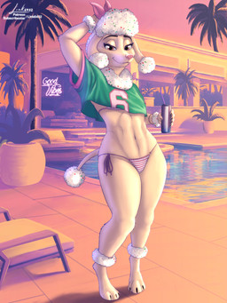 anthro bikini breasts clothed clothing female fur hair looking_at_viewer shirt smile solo swimming_pool swimwear tail thick_thighs topwear two-piece_swimsuit link6432 grand_theft_auto_vi gta_vi_cover_girl ych_(character) canid canine canis domestic_dog mammal poodle 3:4 absurd_res digital_media_(artwork) hi_res