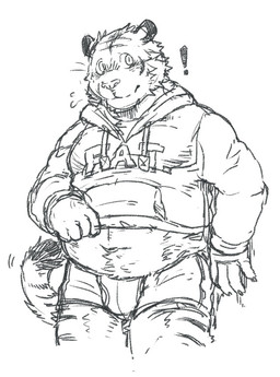 belly boxer_briefs clothed clothing exclamation_point hoodie kemono male overweight overweight_male partially_clothed simple_background solo standing text topwear underwear white_background beau_555 doublebite_(artist) fat_hoodie meme_clothing beau_(doublebite) felid mammal pantherine tiger 2015 english_text greyscale meme monochrome portrait sketch three-quarter_portrait