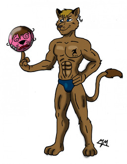 anthro basketball blonde_hair briefs brown_hair clothed clothing dazed dizzy duo ear_piercing hair male piercing skimpy solo_focus speedo spiral spiral_eyes swimwear tattoo topless transformation underwear mattvalkyrie bradley_correia felid lion mammal pantherine digital_media_(artwork) full-length_portrait hi_res portrait