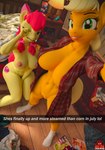 3d_(artwork) absurd_res anthro anthrofied apple_bloom_(mlp) applejack_(mlp) areola big_breasts biped blonde_hair breasts digital_media_(artwork) dildo duo english_text equid equine eyelashes female forsaken_(artist) freckles friendship_is_magic genitals hair hasbro hi_res mammal my_little_pony nipples nude orange_body pupils pussy red_hair sex_toy sibling_(lore) sister_(lore) sisters_(lore) text thick_thighs yellow_body