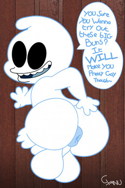 backsack balls big_balls big_butt butt dialogue genitals hand_on_butt looking_at_viewer looking_back male not_furry presenting rear_view smile solo speech_bubble text cyanu brain_dump goofball_the_goofy_cartoon_ghost_(character) ghost humanoid spirit 2020 digital_media_(artwork) english_text hi_res