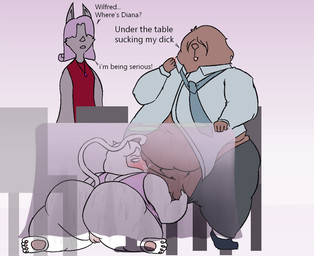 accessory anthro ball_fondling balls belly belly_overhang big_butt blush bodily_fluids butt cum cum_in_mouth cum_inside dialogue eating ejaculation fellatio female fondling fur genital_fluids genitals group huge_butt humanoid_genitalia humanoid_penis loose_tie male male/female necktie obese obese_anthro obese_female obese_male oral overweight overweight_anthro overweight_female overweight_male pawpads penile penis public public_sex sex stealth_sex sweat sweaty_butt text trio under_table under_table_oral vulva white_body white_fur oxkingky cat_diana_(oxkingky) wilfred_(oxkingky) bat canid canine canis domestic_cat domestic_dog felid feline felis mammal 2026 english_text