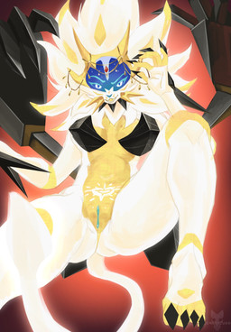anthro armor belly belly_tattoo bikini bikini_armor black_armor black_nails blue_sclera blue_vulva bottomless bra_armor breasts clothed clothing colored_nails female genitals glowing looking_at_viewer mostly_nude nails nude spread_legs spreading sun_symbol swimwear tail tattoo two-piece_swimsuit unconvincing_armor visor vulva white_eyes yellow_belly tenebscuro nintendo pokemon kalahikiola_(foxxheart) dusk_mane_necrozma felid generation_7_pokemon legendary_pokemon mammal pokemon_(species) hi_res