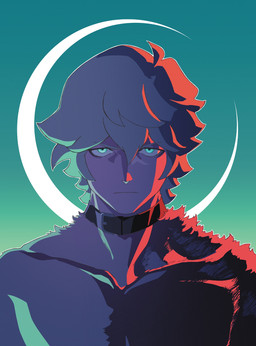 abstract_background anthro blue_eyes buckle chest_fur circle collar front_view fur glowing glowing_eyes gradient_background hair light looking_at_viewer male mid_transformation simple_background solo species_transformation transformation unknown_artist brand_new_animal studio_trigger shirou_ogami beastman_(brand_new_animal) canid canine canis human mammal wolf 2020 absurd_res bust_portrait digital_media_(artwork) hi_res lighting official_art portrait