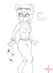 anthro belt card clothed clothing crossgender female gloves handwear profanity solo badfidhell freedom_planet galaxytrail spade_(freedom_planet) mammal procyonid raccoon digital_media_(artwork) line_art monochrome signature