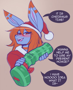ambiguous_gender animal_dildo animal_sex_toy anthro bangs blue_body blue_fur blush blush_lines christmas_clothing christmas_headwear clothing costume dialogue dildo equine_dildo eyelashes fangs femboy fur gift glistening glistening_sex_toy gums hair half-closed_eyes hat headgear headwear holding_dildo holding_object holding_sex_toy holidays inviting lidded_eyes long_hair looking_at_viewer markings multicolored_body multicolored_fur narrowed_eyes open_mouth orange_body orange_fur orange_hair orange_markings pom_poms red_clothing red_eyes red_hat red_headwear ring_(marking) robe santa_costume santa_hat seductive sex_toy sharp_teeth simple_background solo suggestive talking_to_viewer tan_background tape teeth text two_tone_body two_tone_fur white_clothing white_hat white_headwear oro97 christmas oro_(oro97) lagomorph leporid mammal rabbit 2022 english_text hi_res