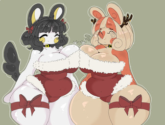 anthro belly big_breasts black_hair black_tail breast_squish breasts breasts_frottage brown_background clothing costume curvy_figure duo ears_up eyelashes eyes_closed female fur glistening glistening_body glistening_fur hair holidays huge_breasts huge_hips huge_thighs lace leg_bow leotard looking_at_viewer markings mole_(marking) mole_on_breast outline pink_body pink_fur pokemorph red_clothing red_leotard santa_costume simple_background skindentation slightly_chubby slightly_chubby_anthro slightly_chubby_female squish standing tail tan_body tan_fur thick_thighs voluptuous white_body white_fur wide_hips cottonwaffle christmas nintendo pokemon emolga generation_3_pokemon generation_5_pokemon pokemon_(species) spinda hi_res