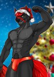 anthro clothed clothing fur grey_body grey_fur hair holidays looking_at_viewer male red_body red_fur simple_background smile solo tail chocobanana christmas fury_(furythewolf) furythewolf canid canine canis mammal wolf absurd_res digital_media_(artwork) hi_res