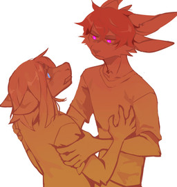 anthro arm_grab blue_eyes cheek_tuft clothed clothing duo ears_back facial_tuft female hair male mouth_closed multi_ear narrowed_eyes pink_eyes pivoted_ears shirt short_hair simple_background standing t-shirt teeth three-quarter_view topwear tuft unsigned white_background corzh77 species_request absurd_res hi_res restricted_palette