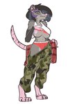 anthro bodily_fluids bottomwear breasts camo camo_bottomwear camo_clothing camo_print clothing female flashing lactating looking_at_viewer nipples panties pattern_bottomwear pattern_clothing solo underwear undressing slavedemorto notde_(character) american_opossum mammal marsupial absurd_res hi_res