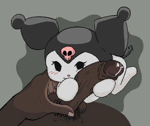 ambiguous_gender anthro big_penis blush blush_lines bodily_fluids chibi dark_body dark_skin duo female first_person_view genital_fluids genitals handjob human_pov looking_at_viewer male male/female male_pov penile penis precum pubes sex size_difference spade_tail tail apparitionnumber2 onegai_my_melody sanrio kuromi demon human lagomorph leporid mammal rabbit
