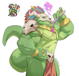 5_fingers anthro biceps bone bone_mask bottomwear bracelet clothing digit_ring feathered_headdress finger_ring fingers green_body hand_on_hip holding_test_tube jewelry laboratory_equipment laboratory_glassware loincloth male mask muscular muscular_anthro muscular_arms muscular_male necklace nipples pecs pouring_liquid pouring_onto_self purple_liquid scientific_instrument shoulder_guards simple_background skull skull_accessory skull_mask solo tail test_tube text thick_tail tongue tongue_out white_background darax terraria witch_doctor_(terraria) lihzahrd lizard reptile scalie 2026 absurd_res digital_media_(artwork) hi_res portrait three-quarter_portrait url