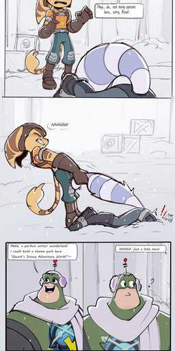 anthro clothed clothed_female clothed_male clothing dialogue earmuffs exclamation_point female fluffy fluffy_tail fur gloves group handwear male male/female markings mousing outside question_mark ring_(marking) ringed_tail scarf snow striped_markings striped_tail stripes tail tail_markings tail_pull tail_tuft text thin_tail trio tuft white_body white_fur yellow_body yellow_fur time_fluffy500 ratchet_and_clank sony_corporation sony_interactive_entertainment captain_qwark ratchet_(ratchet_and_clank) rivet_(ratchet_and_clank) alien lombax mammal absurd_res comic english_text hi_res