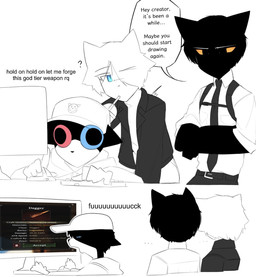 belt beverage black_body black_bottomwear black_clothing black_hair black_jacket black_necktie black_pants black_topwear blue_eyes bottomwear breaking_the_fourth_wall clothing computer container cup drinking duo electronics group hair heterochromia humor jacket male male/male necktie pants silence speech_bubble text topwear trio white_body white_hair yellow_body dullanboi kiran_mann_(dullanboi) ming_yue_chen_(dullanboi) felid feline humanoid mammal english_text hi_res meme