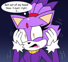 4_fingers accessory anthro blue_background bodily_fluids clothing coat dialogue female fingers forced forehead_gem fur gem gloves gold_(metal) gold_jewelry gold_necklace handwear headband holding_head jewelry losing_control motion_outline necklace night outside panicking possession purple_body purple_clothing purple_coat purple_fur purple_topwear red_headband resisting shaking simple_background solo speech_bubble standing struggling sweat sweatdrop text topwear white_clothing white_gloves white_handwear yellow_eyes tabzdrawzstuff sega sonic_the_hedgehog_(series) blaze_the_cat unnamed_character domestic_cat felid feline felis mammal 2025 absurd_res colored english_text hi_res
