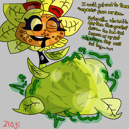 abdominal_bulge belly big_belly clothing digestion eyelashes eyewear eyewear_on_head female flower freckled_face freckles goggles goggles_on_head green_body highlights_(coloring) huge_belly hyper hyper_belly leaf leaf_arms long_eyelashes looking_at_belly motion_lines not_furry open_mouth open_smile plant rumbling_stomach simple_background smile solo vore yellow_petals zlogi electronic_arts plants_vs._zombies popcap_games elemental_creature flora_fauna flower_creature sunflower_(pvz) 1:1 2026 hi_res