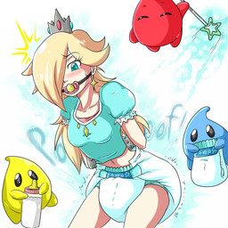 ageplay ambiguous_gender arms_tied baby_bottle bdsm blonde_hair blue_eyes blush bondage bottle bound breasts clean_diaper clothed clothing container crop_top crown diaper dominant dominant_feral ear_piercing ear_ring eyes_closed female female_focus feral folded_diaper forced forced_infantilism frown gag group hair hair_over_eye hands_behind_back hands_tied headgear holding_diaper holding_object human_focus humiliation infantilism light_body light_skin magic magic_wand midriff navel onomatopoeia pacifier pacifier_gag piercing ring_piercing role_reversal roleplay shirt shocked simple_background small_breasts solo_focus sound_effects star_wand submissive submissive_female submissive_human surprised text topwear touching_diaper wearing_diaper white_background aweye-ff mario_bros nintendo super_mario_galaxy rosalina_(mario) alien human luma mammal 1:1 digital_media_(artwork)