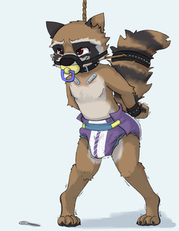 anthro bdsm biped bodily_fluids bondage bound brown_body brown_fur bulge clean_diaper clothed clothing crying diaper diaper_only erection erection_in_diaper fur gag gagged hands_behind_back key male muzzle_(object) muzzled object_in_mouth pacifier pacifier_gag pacifier_in_mouth pacifier_muzzle_gag shaking simple_background solo tears tenting topless wearing_diaper whining kuuneho guardians_of_the_galaxy marvel rocket_raccoon mammal procyonid raccoon 2021 absurd_res digital_media_(artwork) hi_res