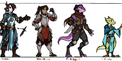 ambiguous_gender armor book clothed clothing color_swatch dagger digitigrade female green_body green_scales group horn jewelry knee_pads knight lineup male markings melee_weapon multicolored_body multicolored_scales purple_body purple_scales robe scales size_difference smile spots spotted_body spotted_scales striped_body striped_scales stripes two_tone_body two_tone_scales warrior weapon guoh human kobold mammal scalie 2018 digital_media_(artwork) flat_colors full-length_portrait model_sheet portrait