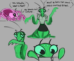 1_eye antennae_(anatomy) anthro anthrofied bottomwear breasts clothed clothing dialogue duo female female/female feral green_body grey_background male mandibles mantis_arms miniskirt non-mammal_breasts ocellis pink_body raptorial_(anatomy) semi-anthro simple_background size_difference skirt smaller_male solo speech_bubble text lilacyuty humans-b-gone! rose_(humans-b-gone!) sophodra arachnid arthropod insect mantis spider english_text