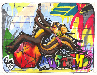 anthro black_body black_fur black_tail blonde_hair blue_eyes collar ear_piercing facial_piercing fur gauged_ear green_eyes hair heterochromia logo male nose_piercing nose_ring nude open_mouth piercing red_collar red_tongue ring_piercing septum_piercing septum_ring short_hair solo tail tongue tongue_out wrecking_ball yellow_body yellow_fur yellow_tail young young_anthro young_male pandapaco mammal mephitid skunk artist_logo signature traditional_media_(artwork)