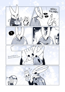 2_horns 4_horns 6_panel_comic ambiguous_gender anthro bandage bandage_on_eye bandage_on_face black_body black_eyes blush blush_lines bow_(feature) box christmas_clothing christmas_headwear cloak clothing container costume emanata exclamation_point gift gift_box grey_cloak grey_clothing group hand_puppet happy hat headgear headwear heart_symbol holding_gift holding_object holding_toy holidays horn laugh motion_lines multi_horn plushie question_mark santa_costume santa_hat simple_background sparkles star stitch_(sewing) text toy white_body white_cloak white_clothing white_head monz_tw christmas hollow_knight_(franchise) team_cherry hollow_knight_(character) hornet_(hollow_knight) pale_king_(hollow_knight) pure_vessel_(hollow_knight) the_knight_(hollow_knight) arthropod insect vessel_(species) weaverling_(hollow_knight) 2025 comic digital_media_(artwork) english_text hi_res restricted_palette screentone shaded simple_shading female_(lore) nonbinary_(lore) sibling_(lore) sister_(lore)