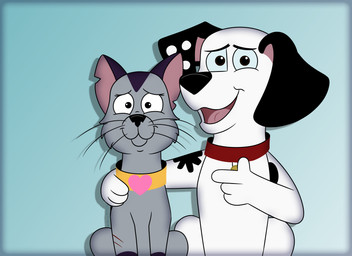 black_ears black_nose blue_sclera collar collar_tag duo female feral fur grey_body grey_fur heart_collar_tag male red_collar whiskers white_body white_fur babclayman 101_dalmatian_street 101_dalmatians disney clayton_(babart101dal) deidra_(cartooncross) canid canine canis dalmatian domestic_cat domestic_dog felid feline felis mammal 2022 absurd_res hi_res